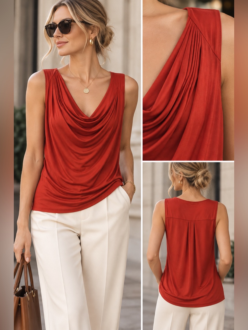 Sleeveless Draped Cowl Neck Top - Burnt Orange